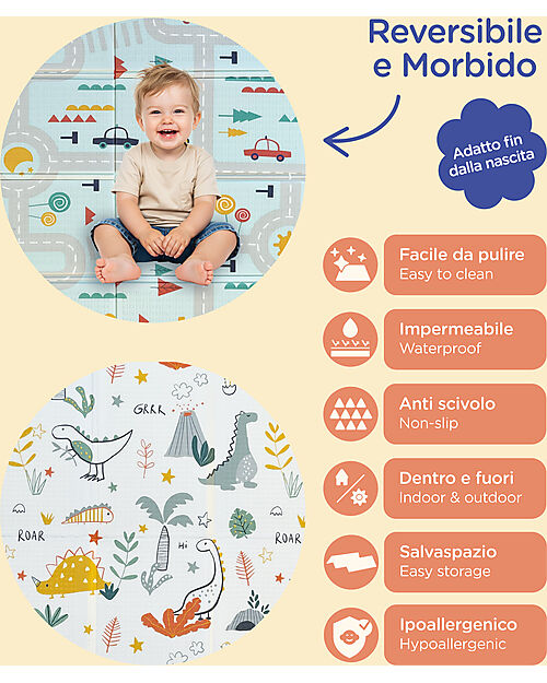 Family Nation-Tappeto Gioco Pieghevole Montessori 2 in 1 Reversibile e Morbido - Dino Friends -
