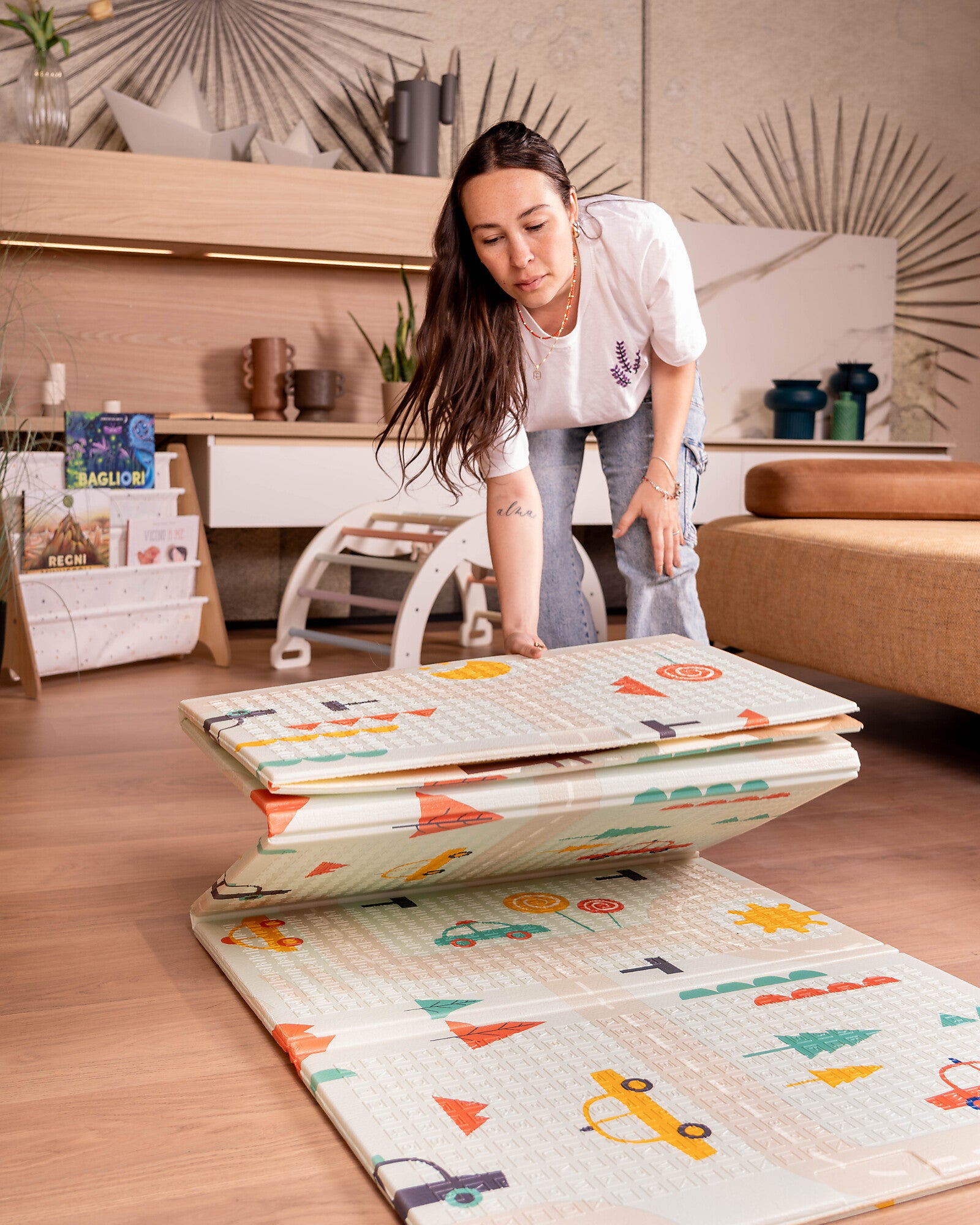 Family Nation-Tappeto Gioco Pieghevole Montessori 2 in 1 Reversibile e Morbido - Dino Friends -