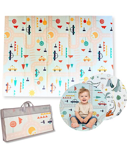 Family Nation-Tappeto Gioco Pieghevole Montessori 2 in 1 Reversibile e Morbido - Dino Friends -