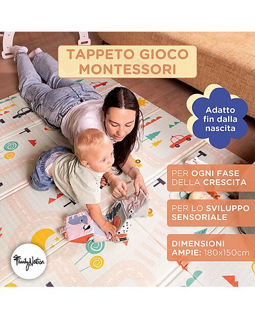 Family Nation-Tappeto Gioco Pieghevole Montessori 2 in 1 Reversibile e Morbido - Dino Friends -