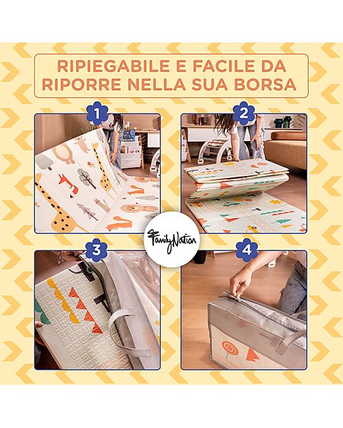 Family Nation-Tappeto Gioco Pieghevole Montessori 2 in 1 Reversibile e Morbido - Dino Friends -