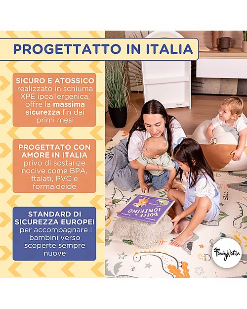 Family Nation-Tappeto Gioco Pieghevole Montessori 2 in 1 Reversibile e Morbido - Dino Friends -