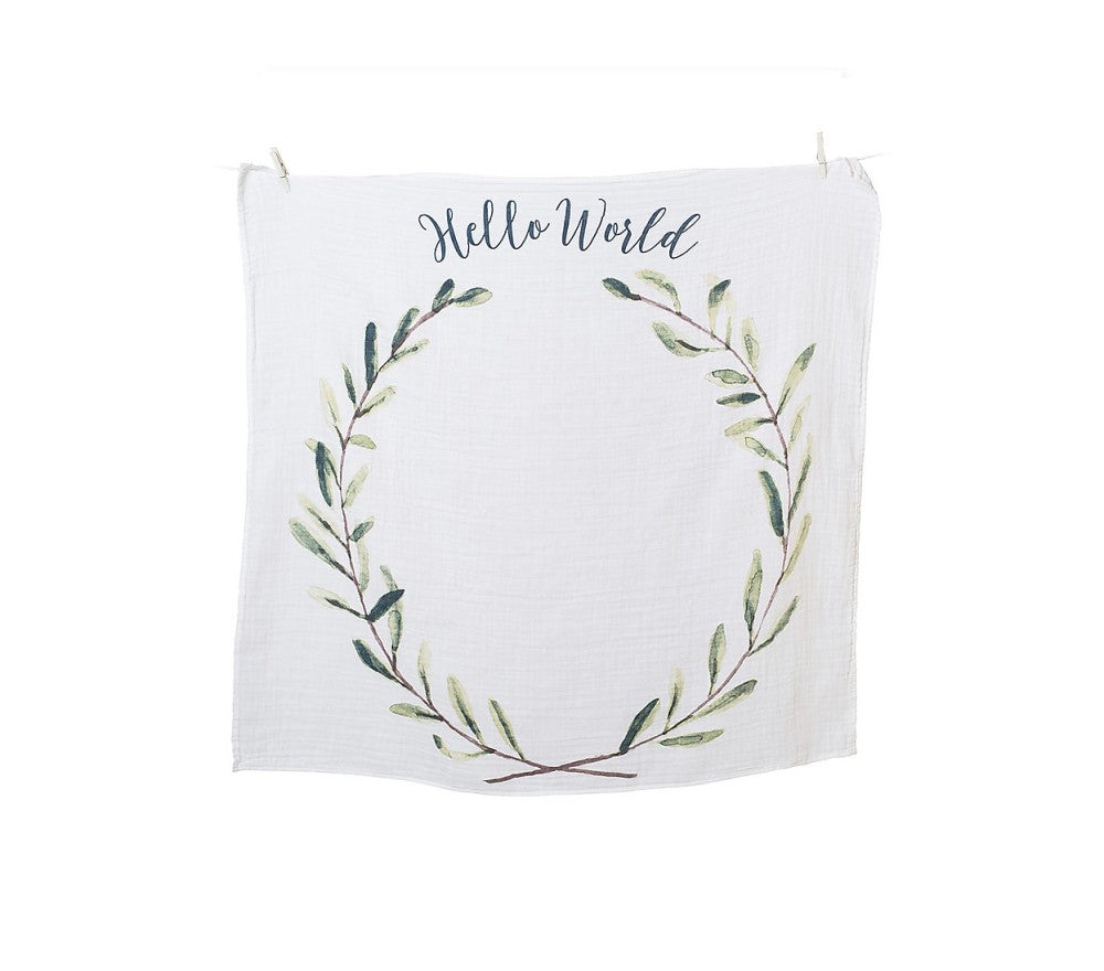 Lulujo-KIT PRIMO ANNO - COPERTINA MUSSOLA DI COTONE E ACCESSORI FOTO - HELLO WORLD