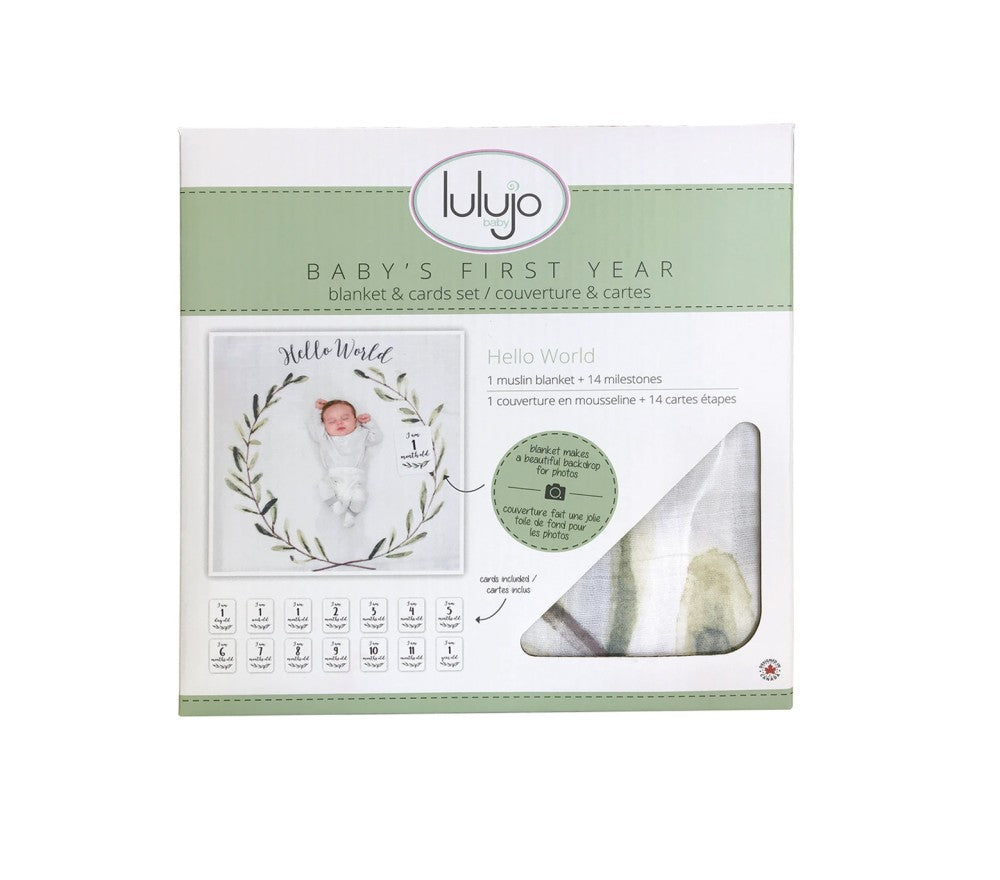 Lulujo-KIT PRIMO ANNO - COPERTINA MUSSOLA DI COTONE E ACCESSORI FOTO - HELLO WORLD
